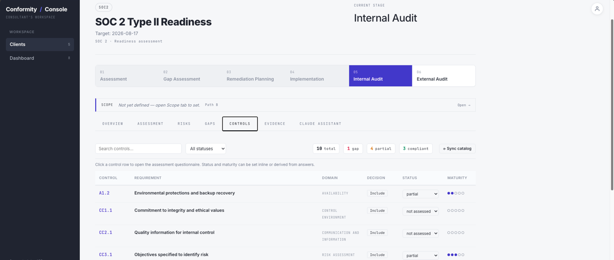 ConformityConsole control assessment — SOC 2 controls with domain, applicability decision, status and maturity
